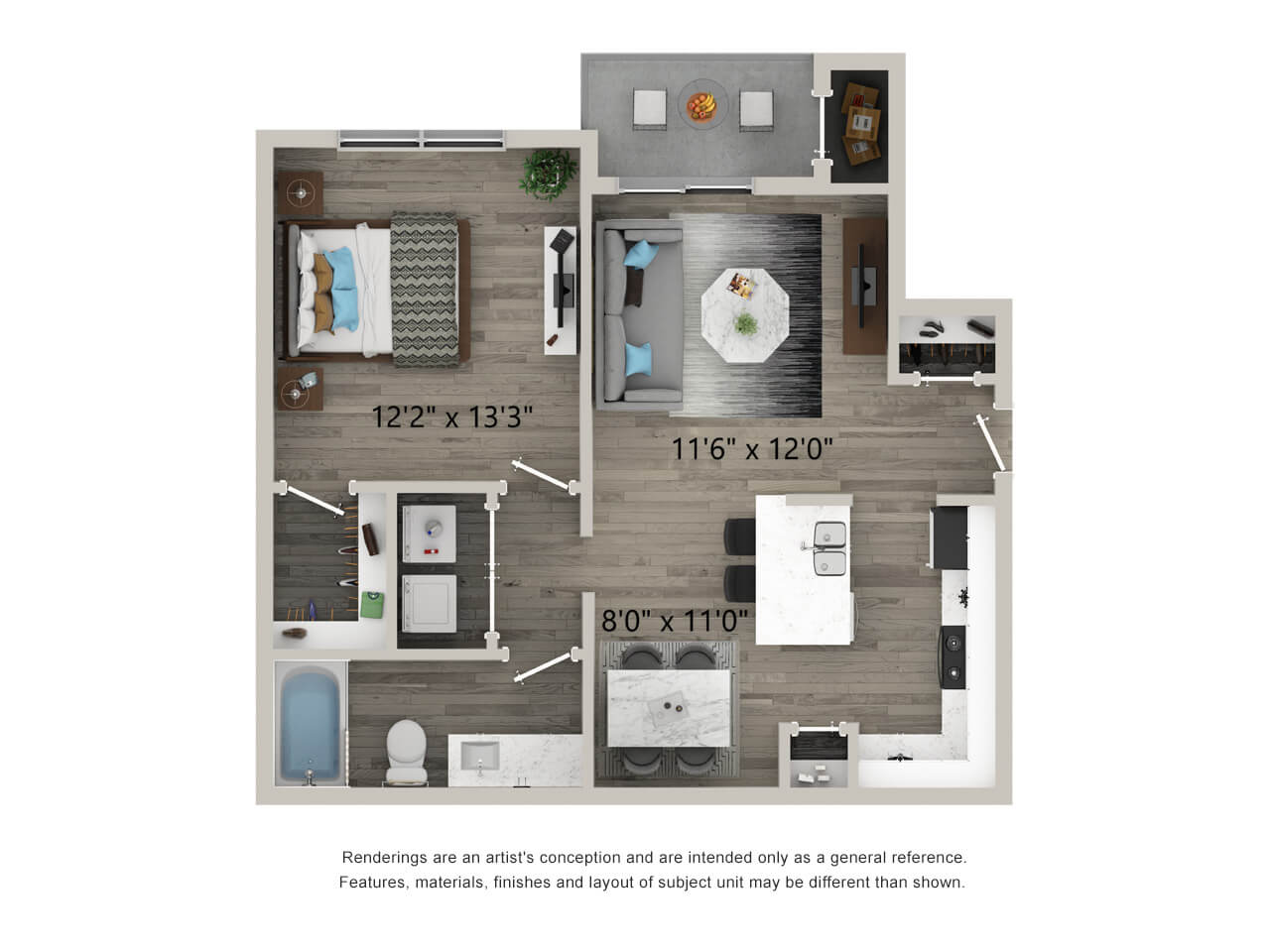 one bed one bath 710 square foot floor plan
