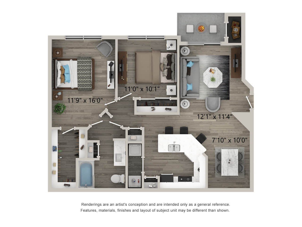 two bed one bath 1,000 square foot floor plan