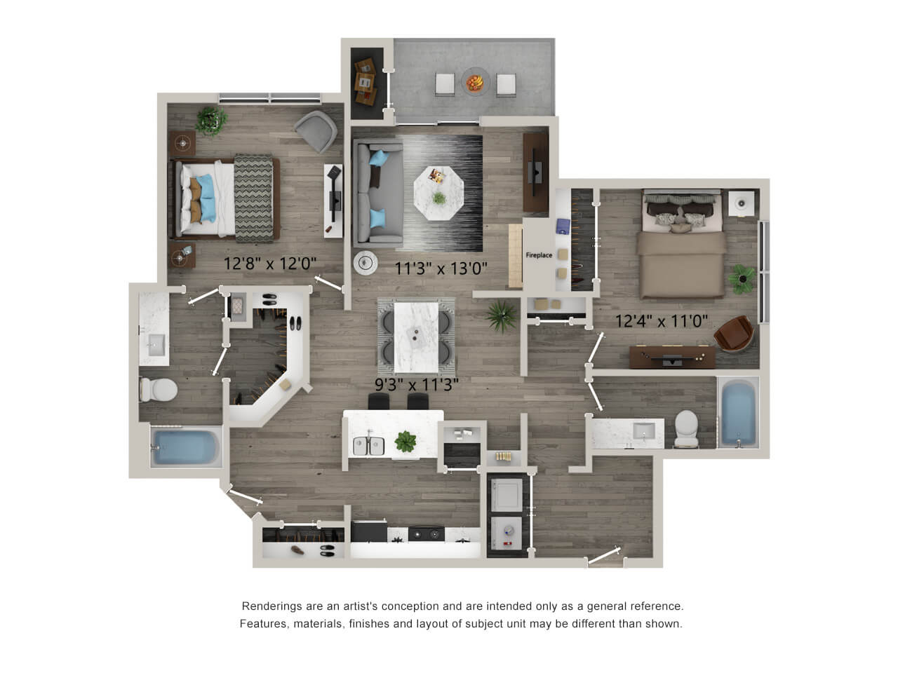 two bed two bath 1,095 square foot floor plan