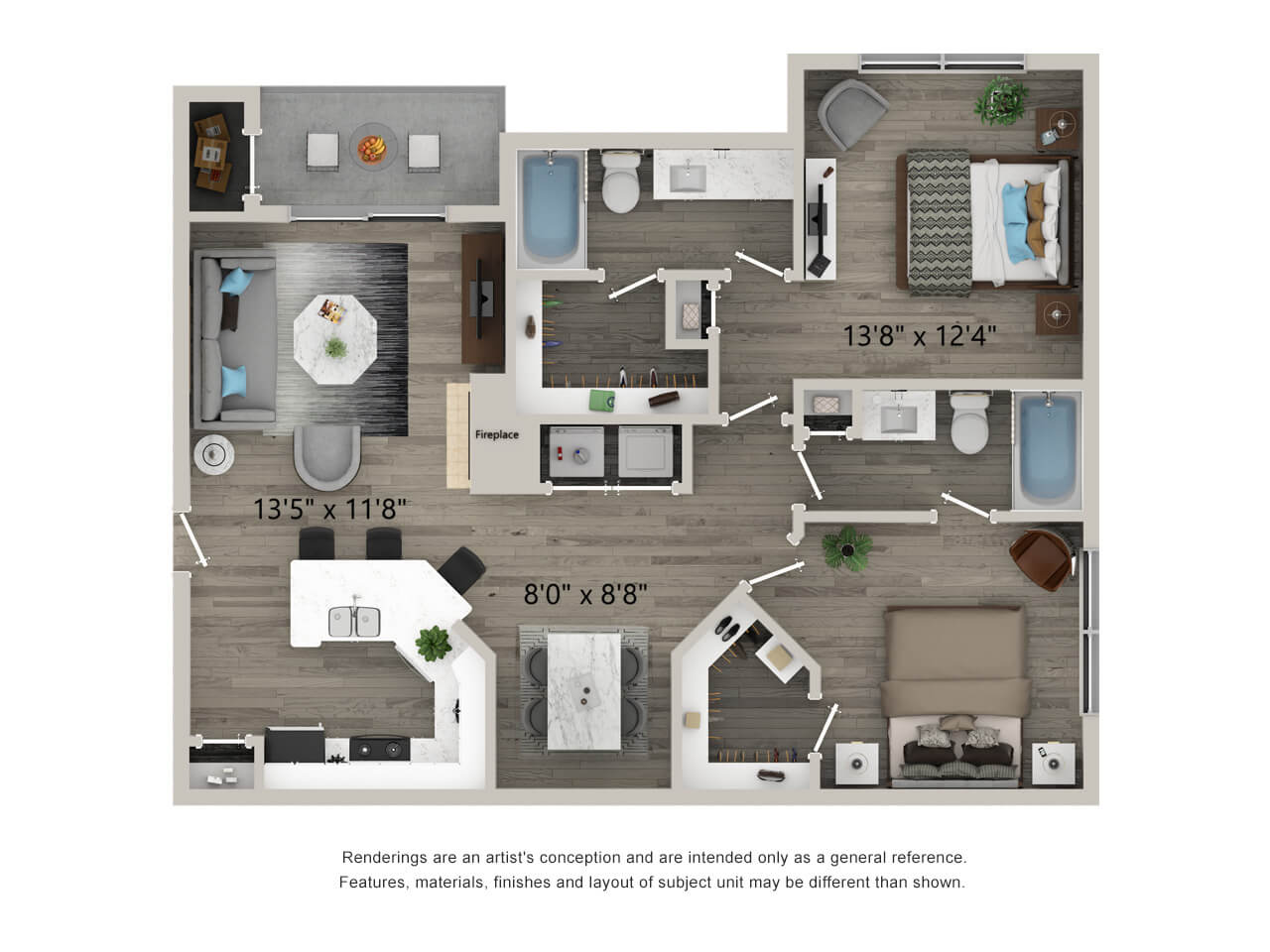 two bed two bath 1,135 square foot floor plan