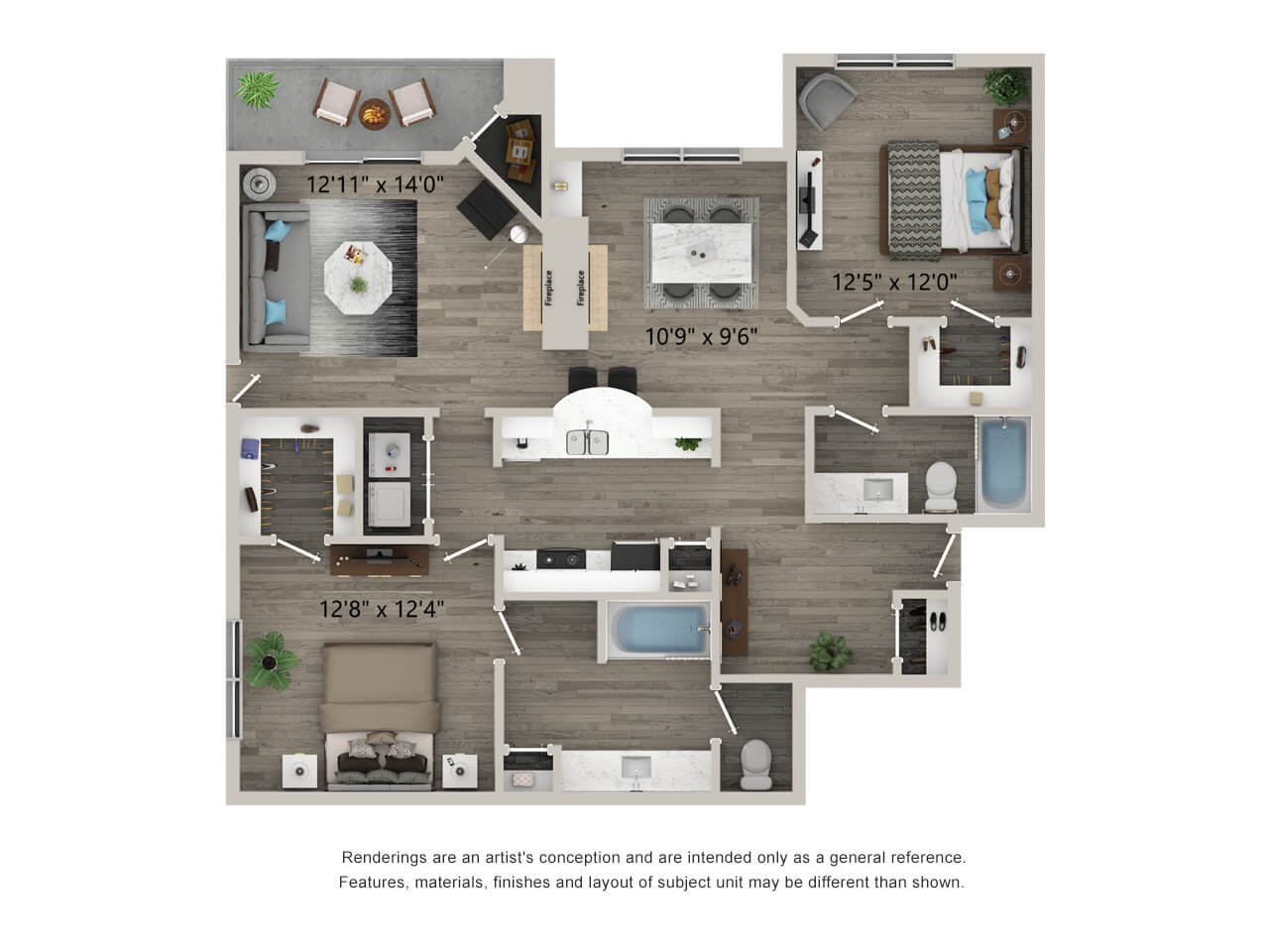two bed two bath 1,255 square foot floor plan